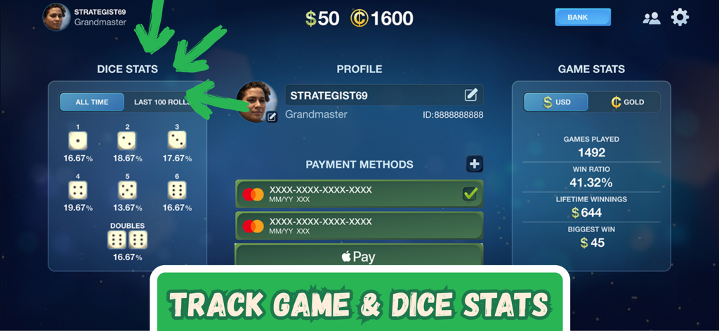 Profile screen of Backgammon Cash showing detailed dice statistics and game performance history