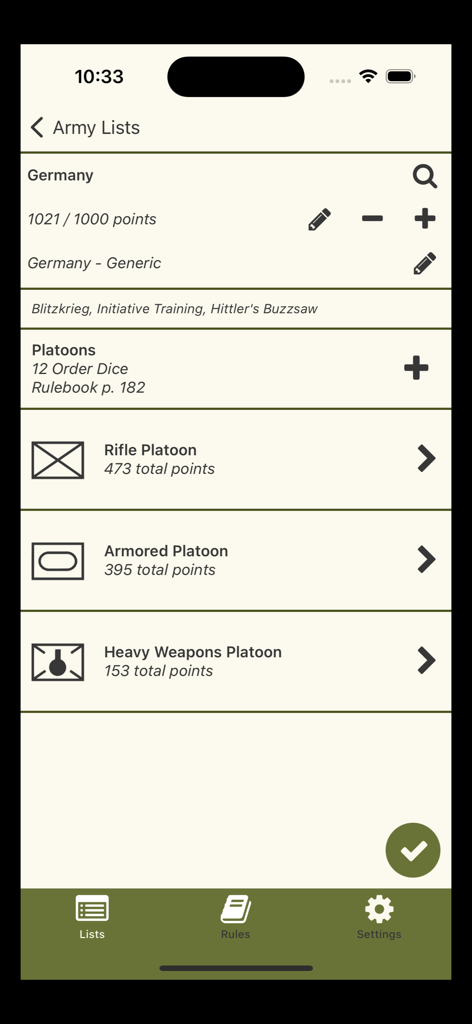 2nd In Command: Bolt Action - 2nd In Commandアプリのインターフェースに、ポイント計算と小隊の内訳が表示されたドイツ軍の編成リストが表示されている。Bolt Actionウォーゲーム用