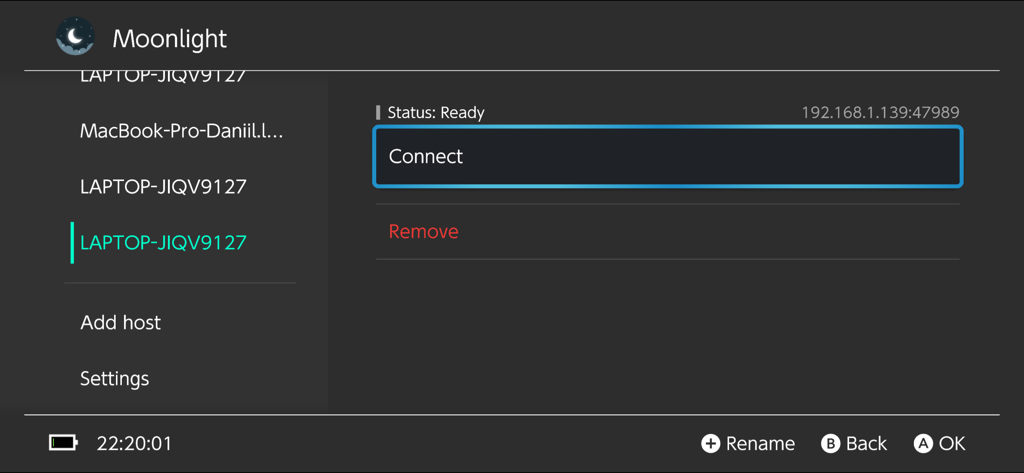 Moonlight - Captura de pantalla de la aplicación Moonlight que muestra una lista de PCs anfitriones y una pantalla de conexión con estado listo.