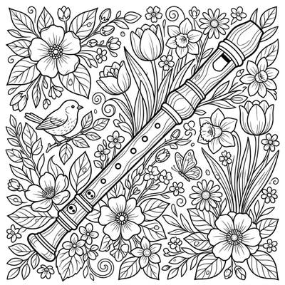 Immerse yourself in the beauty of spring with this enchanting coloring page featuring a classic recorder instrument nestled among a profusion of flowers. It's the perfect blend of music and nature, offering a delightful and relaxing artistic escape.