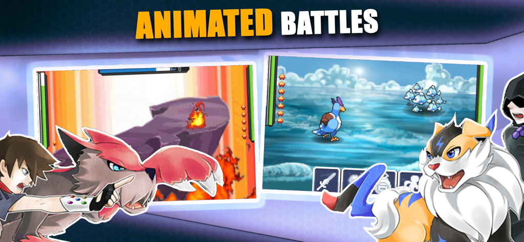 Gameplay screenshot of animated monster battles in EvoCreo featuring 2D sprite art and various creatures