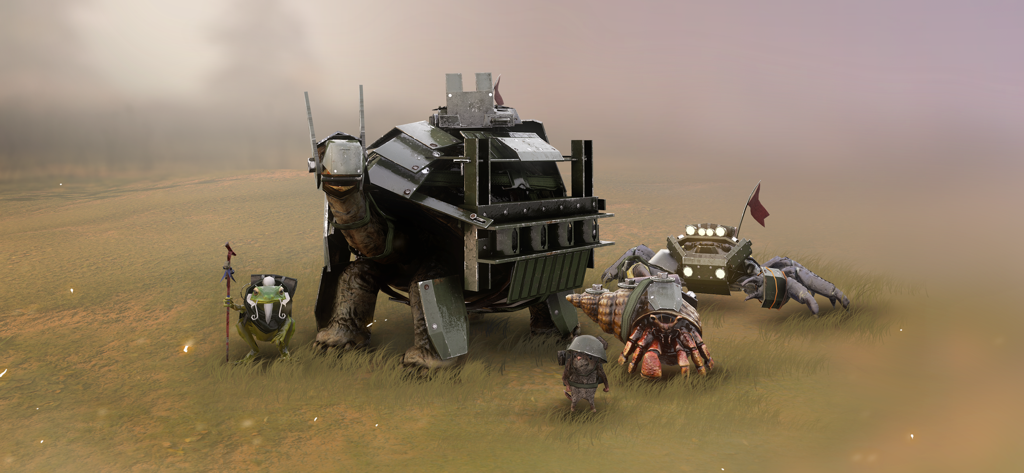 A giant armored tortoise tank surrounded by small animal pilots in a foggy field