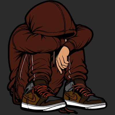 depressed man wearing hoodie and jordan shoes and baggy jeans