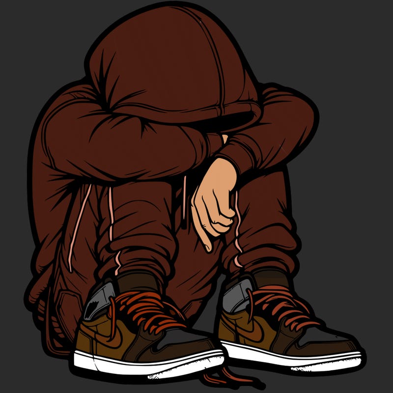 depressed man wearing hoodie and jordan shoes and baggy jeans