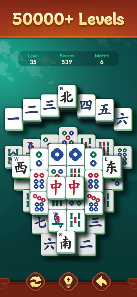 Shanghai Mahjongg Puzzle - Gameplay screen of Shanghai Mahjongg Puzzle showing traditional large tiles and over 50000 levels.