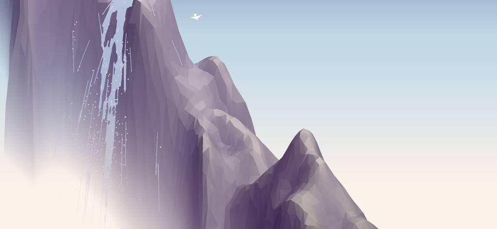 Roia - A minimalist low-poly mountain landscape with a waterfall and a small white bird flying in the sky.