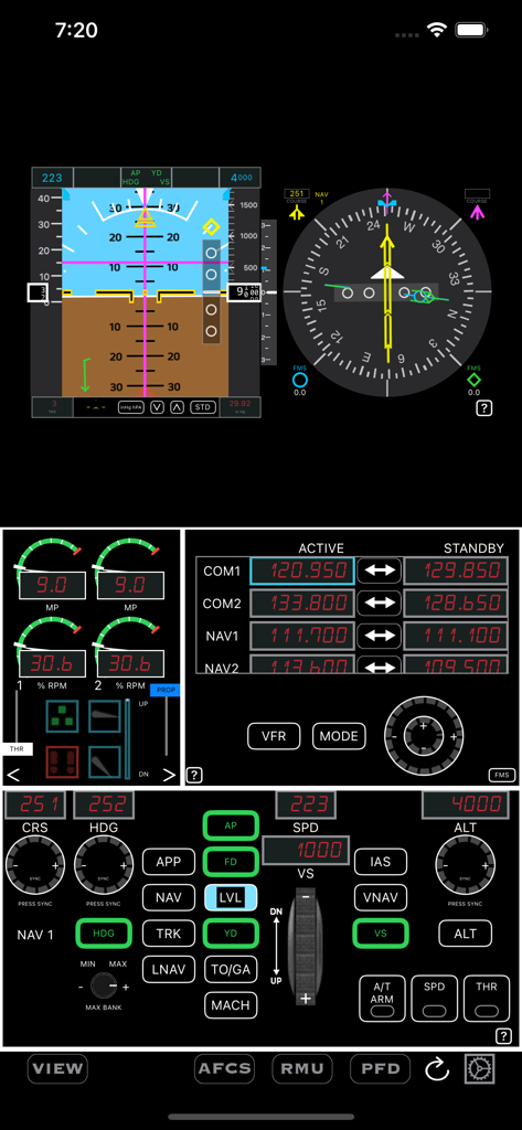 HomeSim - HomeSim interface displaying primary flight instruments, radio management unit, and autopilot controls for flight simulation