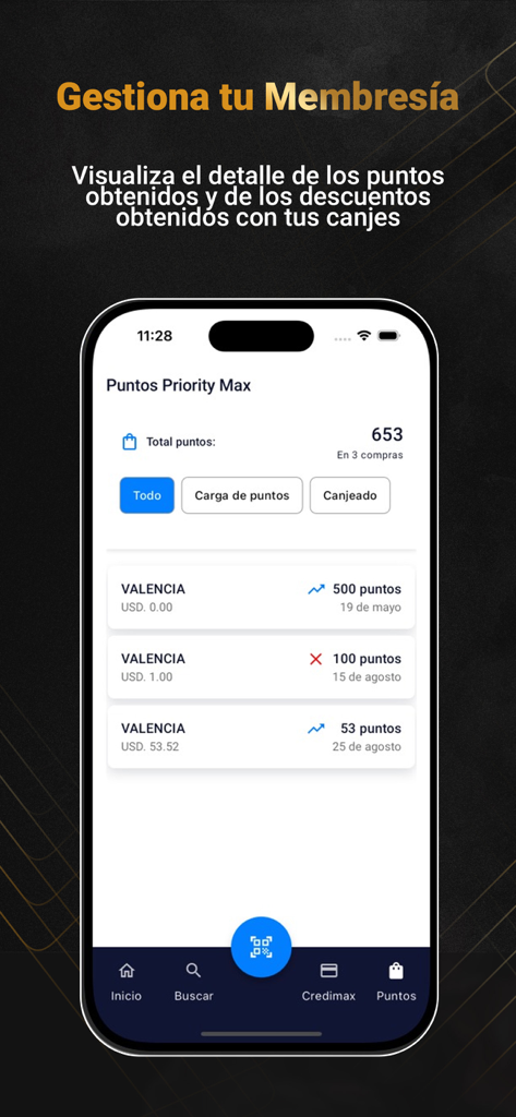 PriorityMax mobile app dashboard showing accumulated points and transaction history for membership rewards