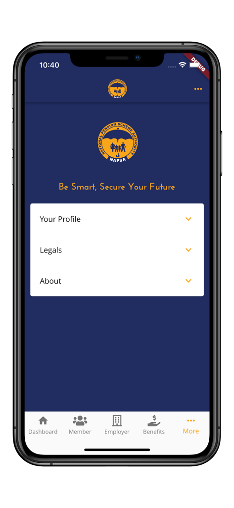 NAPSA Mobile - NAPSA Mobile app menu screen showing Your Profile Legals and About options.