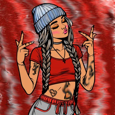 realistic teenage girl with braids and a beanie and crop top doing 🫶🏼