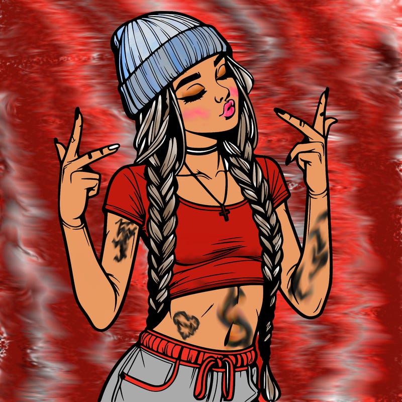 realistic teenage girl with braids and a beanie and crop top doing 🫶🏼