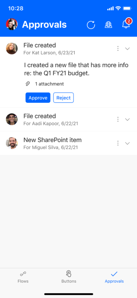 Power Automate - Mobile app interface of Microsoft Power Automate showing a list of pending workflow approval requests with buttons to approve or reject.