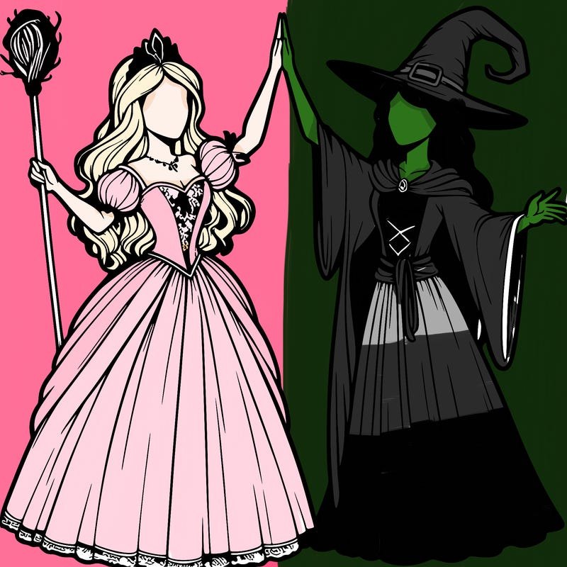 detailed realistic split of a princess and a witch