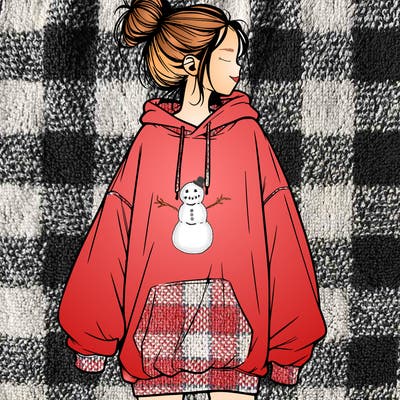 realistic girl with a oversized sweatshirt on and a bun