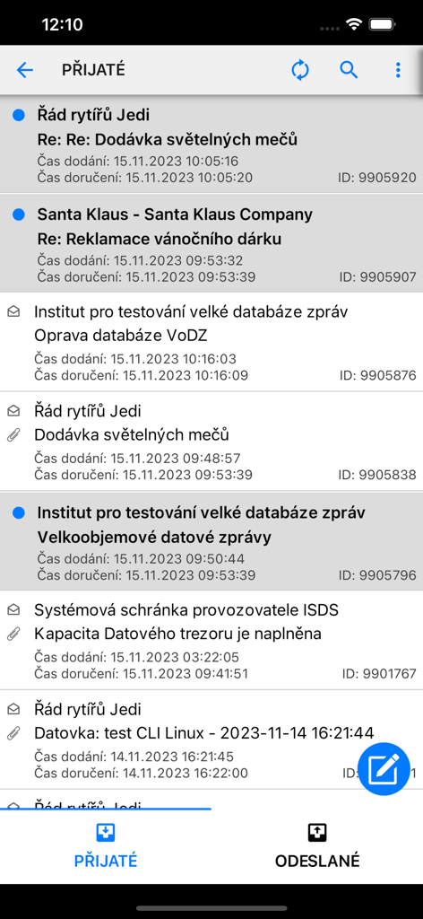 Datovka - A list of received official messages within the Datovka mobile application interface