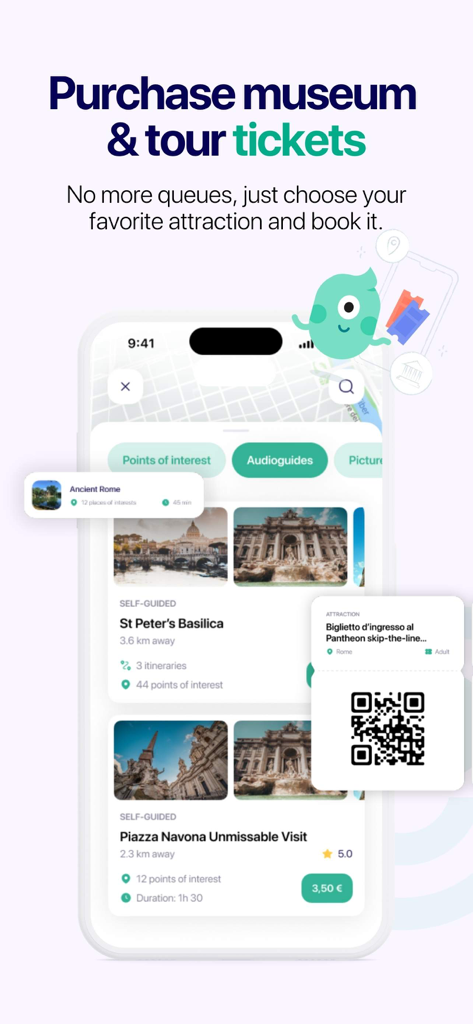 Vox City app screen for booking museum and tour tickets with a digital QR code