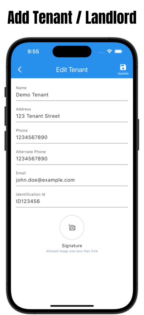 Rent Receipt Maker: House Rent - Mobile app screen for adding tenant or landlord contact details and identification information