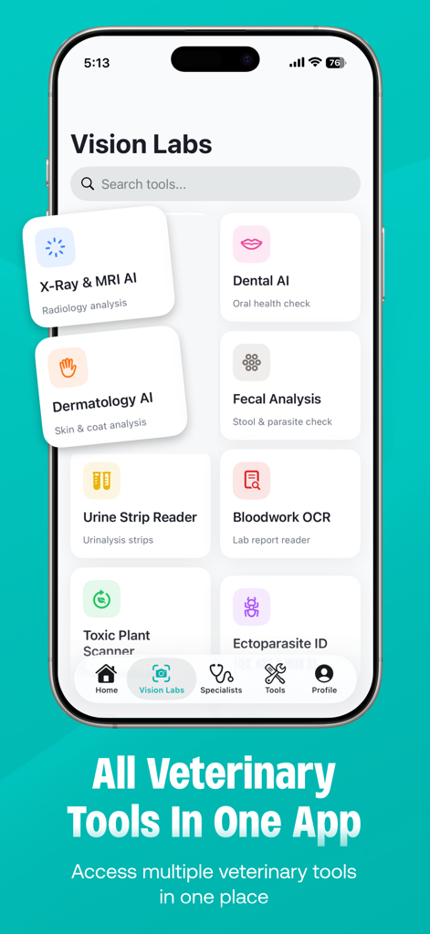 PetMed: Vet Calc & Drugs - PetMed app Vision Labs screen displaying AI tools for veterinary diagnostics including X-ray, MRI, dermatology, and bloodwork analysis.
