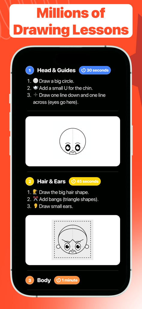 Dro: Learn How to Draw & Focus - Step-by-step guided drawing lessons for a character head and hair in the Dro app