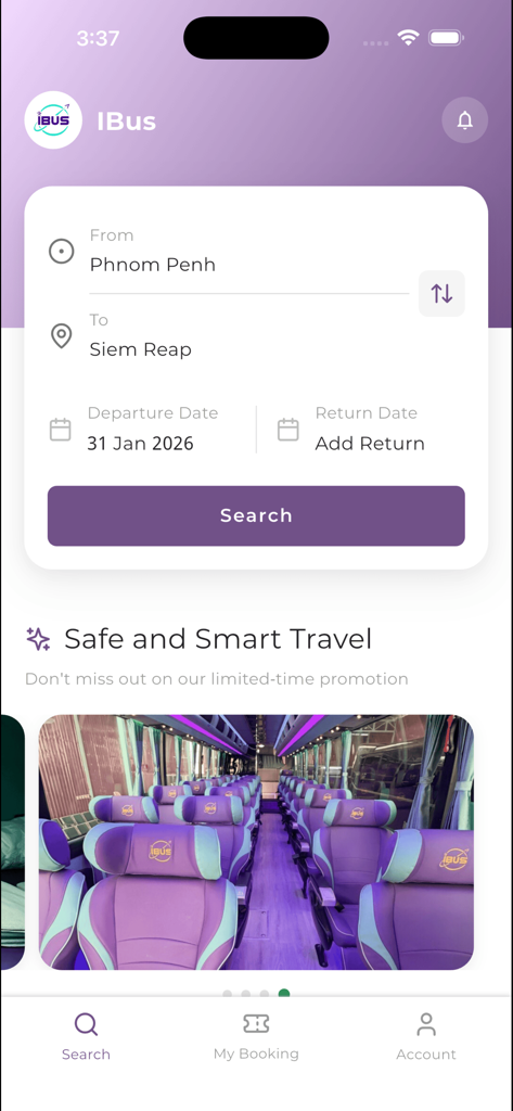 IBus Express - Hauptsuchoberfläche der IBus Express App, die Reiseoptionen von Phnom Penh nach Siem Reap mit einer Vorschau des VIP-Businnenraums zeigt.