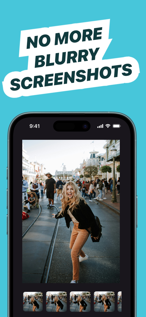 AI Frame Grabber: Video to Pic - AI Frame Grabber app screen showing a high quality photo frame extracted from a video of a woman at a theme park