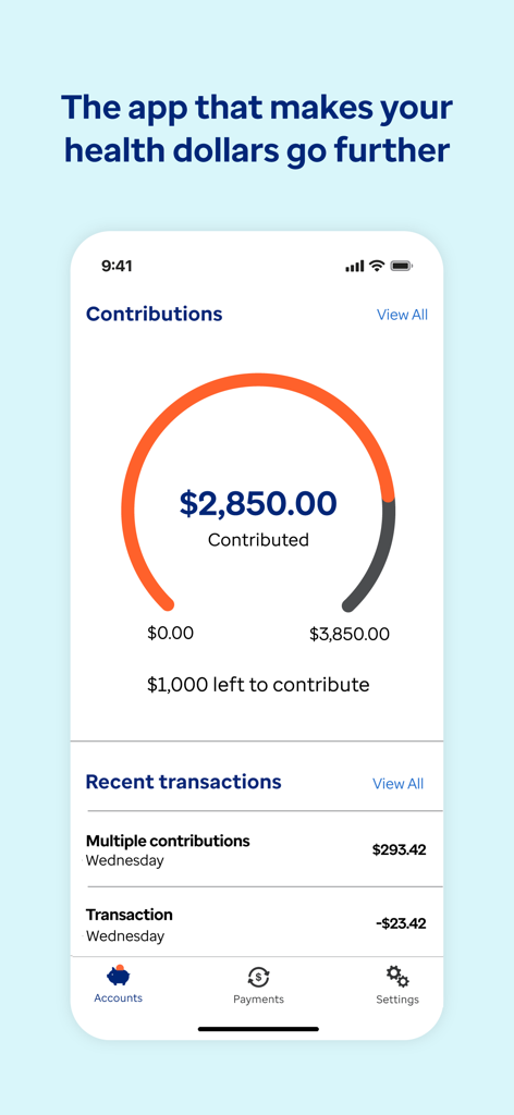 Optum Bank - Optum Bankアプリのダッシュボード。健康貯蓄口座の拠出進捗メーターと最近の取引履歴が表示されています。