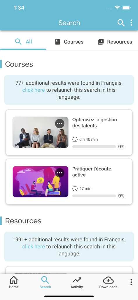 My Learning App - Interface de recherche de My Learning App affichant des cours de formation professionnelle et des ressources d'apprentissage.