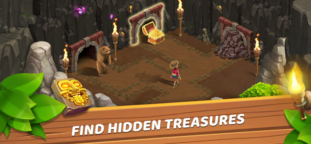 Funky Bay – Farm & Adventure - Un personaggio che esplora una grotta per trovare scrigni del tesoro d'oro a Funky Bay