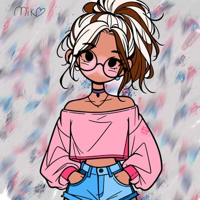 girl with a messy ponytail glasses a baggy crop top and jean shorts