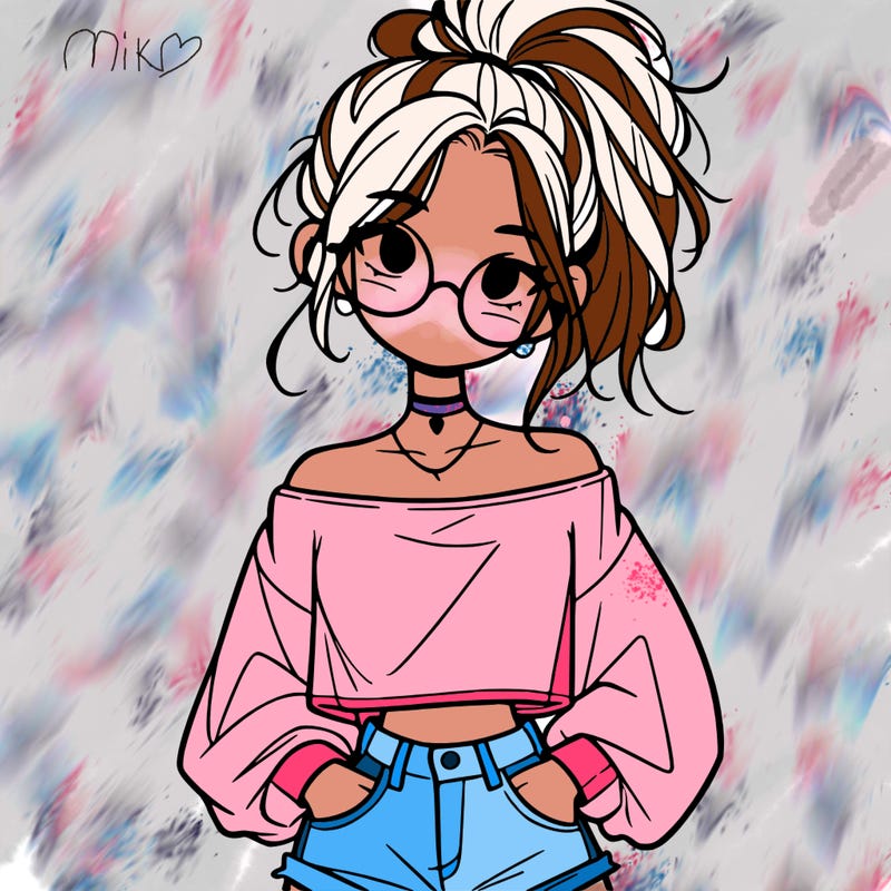 girl with a messy ponytail glasses a baggy crop top and jean shorts