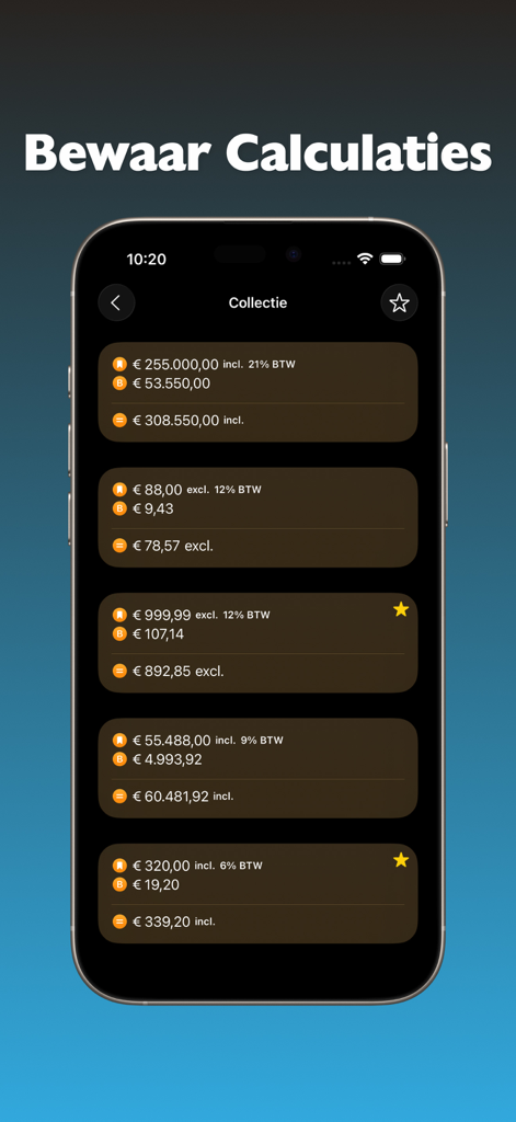 Saved VAT calculations history showing different tax rates in the BTW Calculator Pro app