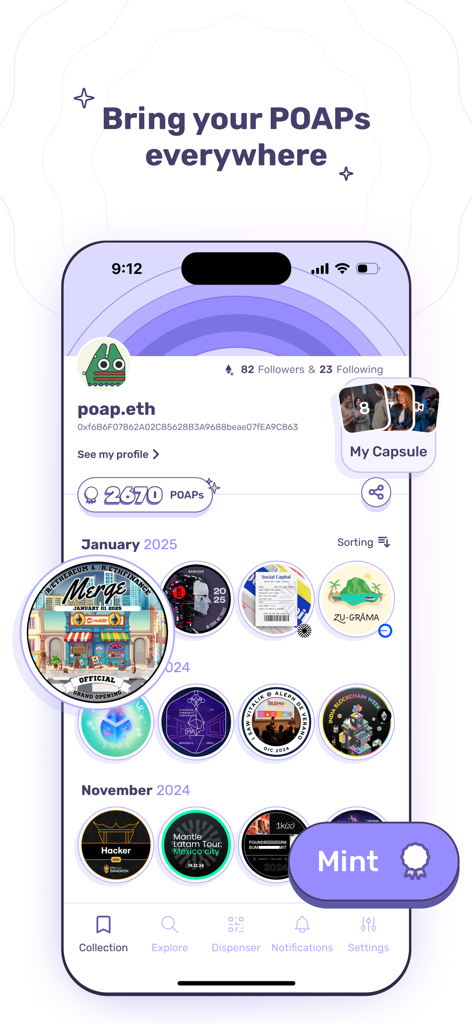 Una interfaz móvil para la aplicación POAP Home que muestra el perfil de un usuario y una cuadrícula de insignias digitales de asistencia recopiladas durante varios meses.