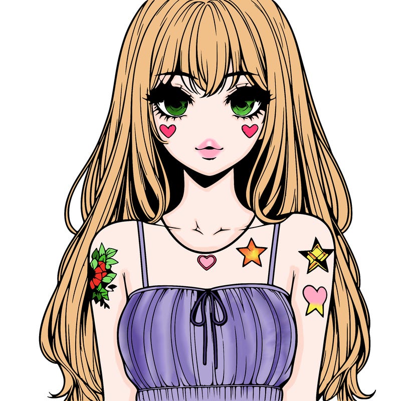 realistic anime girl with long hair star heart tattoos with a simple fabric dress with full lips