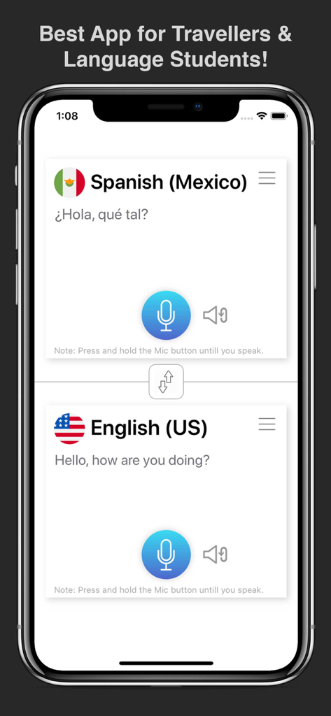 Realtime Speech Translator Pro - Realtime Speech Translator Pro app interface on iPhone showing Spanish and English voice translation modules