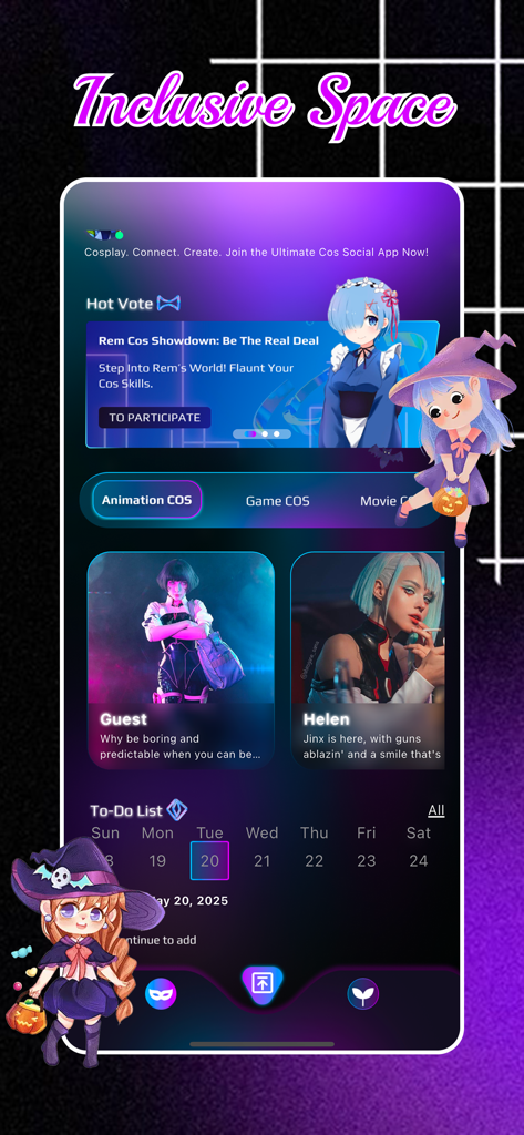 Interface de l'application Cavi montrant un flux social pour les cosplayers et une liste de tâches de gestion de projet.