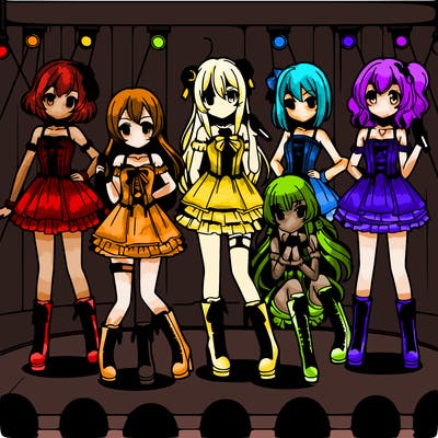 band of anime girls on a stage wearing pretty dresses and boots