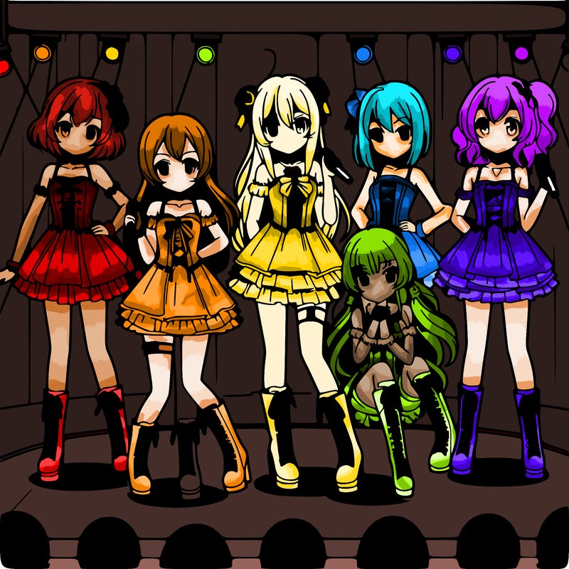 band of anime girls on a stage wearing pretty dresses and boots