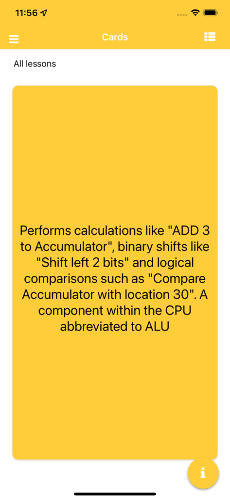 GCSE Computer Science Pro - GCSE Computer Science Proアプリからのフラッシュカードで、CPU内の算術論理演算子の機能を説明しています