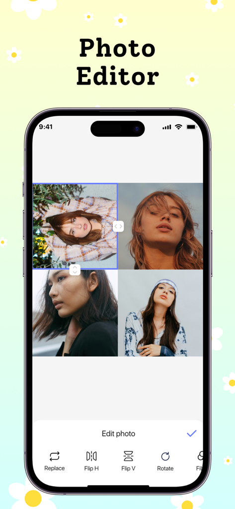 Collage Maker: DIY Wallpaper - Mobile photo editor interface showing a four-photo grid collage and design tools.