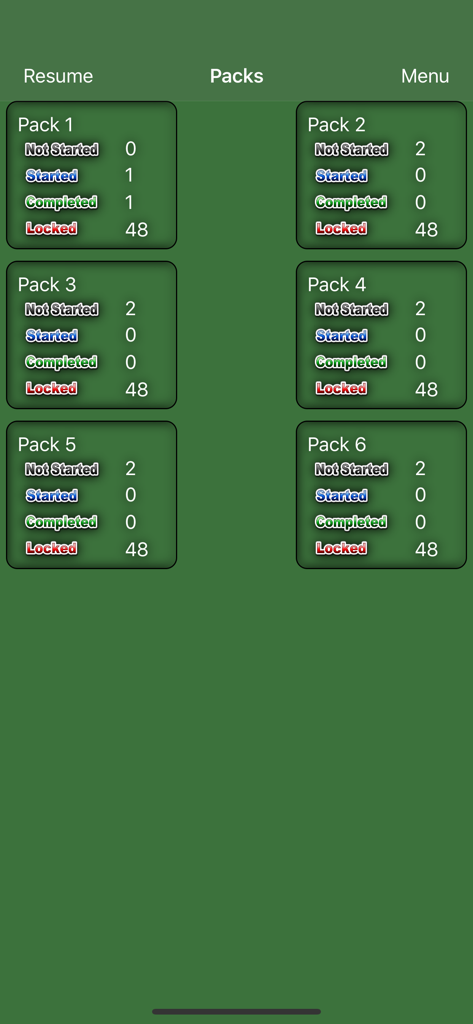 Puzzle pack selection screen showing progress for different levels of cryptic crossword puzzles