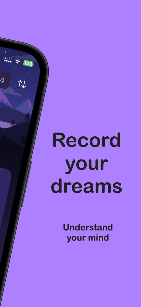 Dream Journal & Interpretation - Dream journal app interface featuring the text Record your dreams and Understand your mind on a purple background.