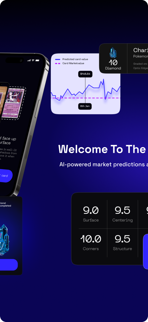 AI powered card grading app interface with market value predictions and detailed condition scores