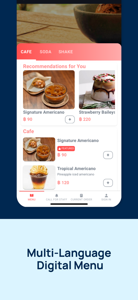 vOrder mobile app interface displaying a digital menu with coffee and drink options