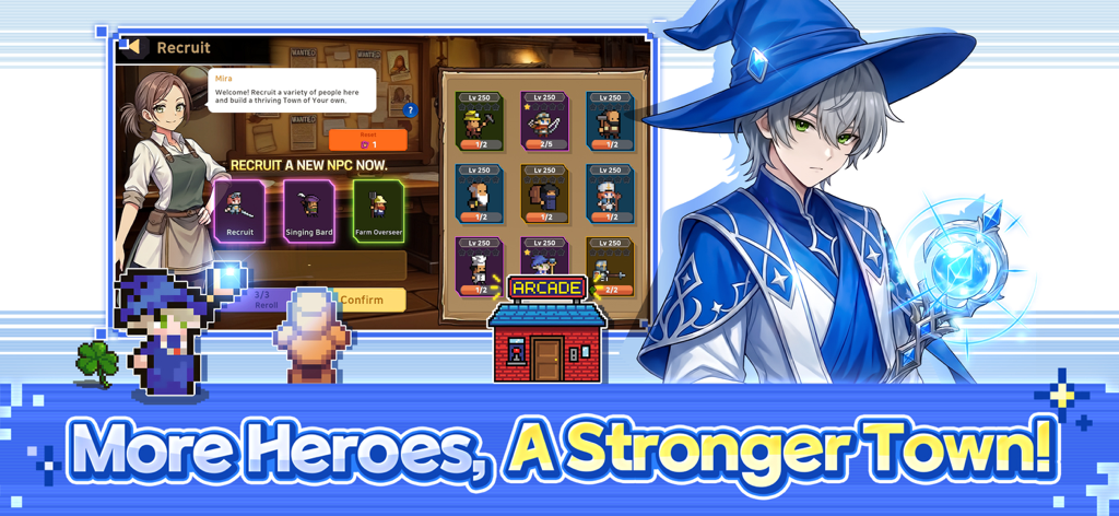 A menu in Pixel Guardians Idle RPG for recruiting heroes and villagers to strengthen the town.