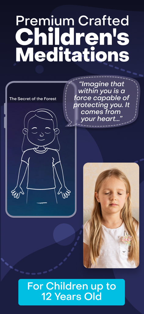 Storybook: Sleep & Meditation - A young girl with eyes closed practicing guided meditation shown alongside a mobile app screen for children up to 12 years old.