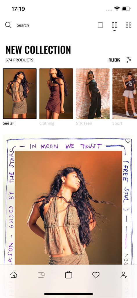 Stradivarius mobile app interface showing the new collection with fashion categories for women