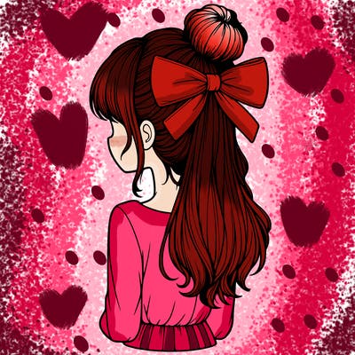 realistic girl  with hip length hair a bun and a big bow on the back of head