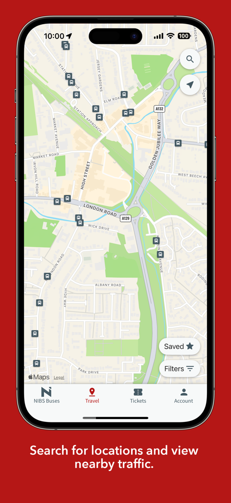 NIBS Buses - NIBS Buses app map view showing bus stops and local traffic in Essex
