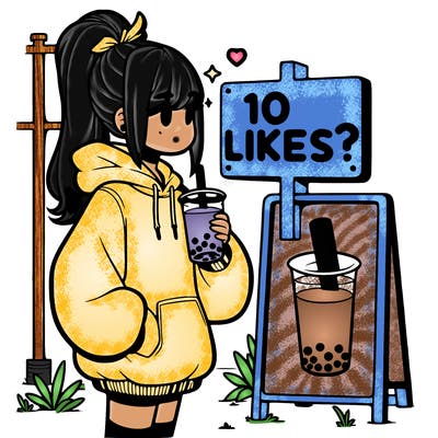 girl with oversized hoodie drinking boba and she has a high ponytail with a sign that says 10likes?