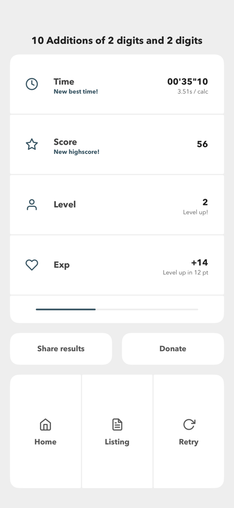 Ninimaths - Results screen of Ninimaths app showing completion time, score, and level progress for mental arithmetic additions.